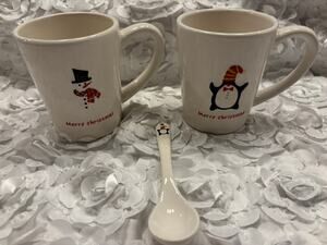 Oneida Christmas Cut Outs Zulauf Design Snowman & Penguin Mugs w/Spoon